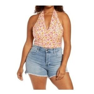 BP Sally Retro Floral Halter Top White Orange‎ Pink V-Neck Smock Back 3X